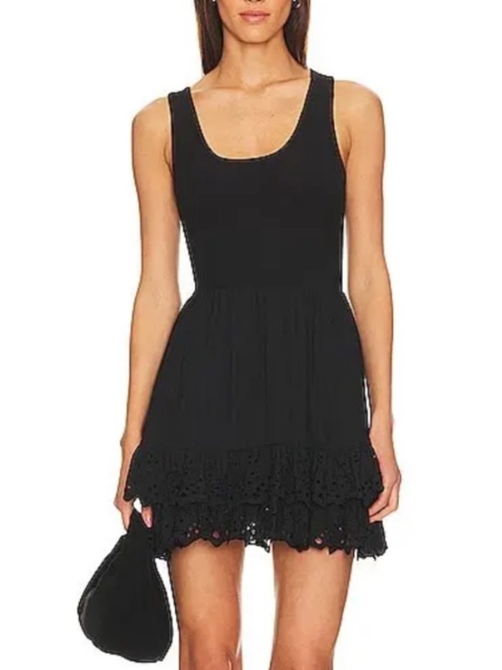 Heartloom Dress Womens Small Black Knit Tank Eyelet Ruffle Hem Fit & Flare Mini